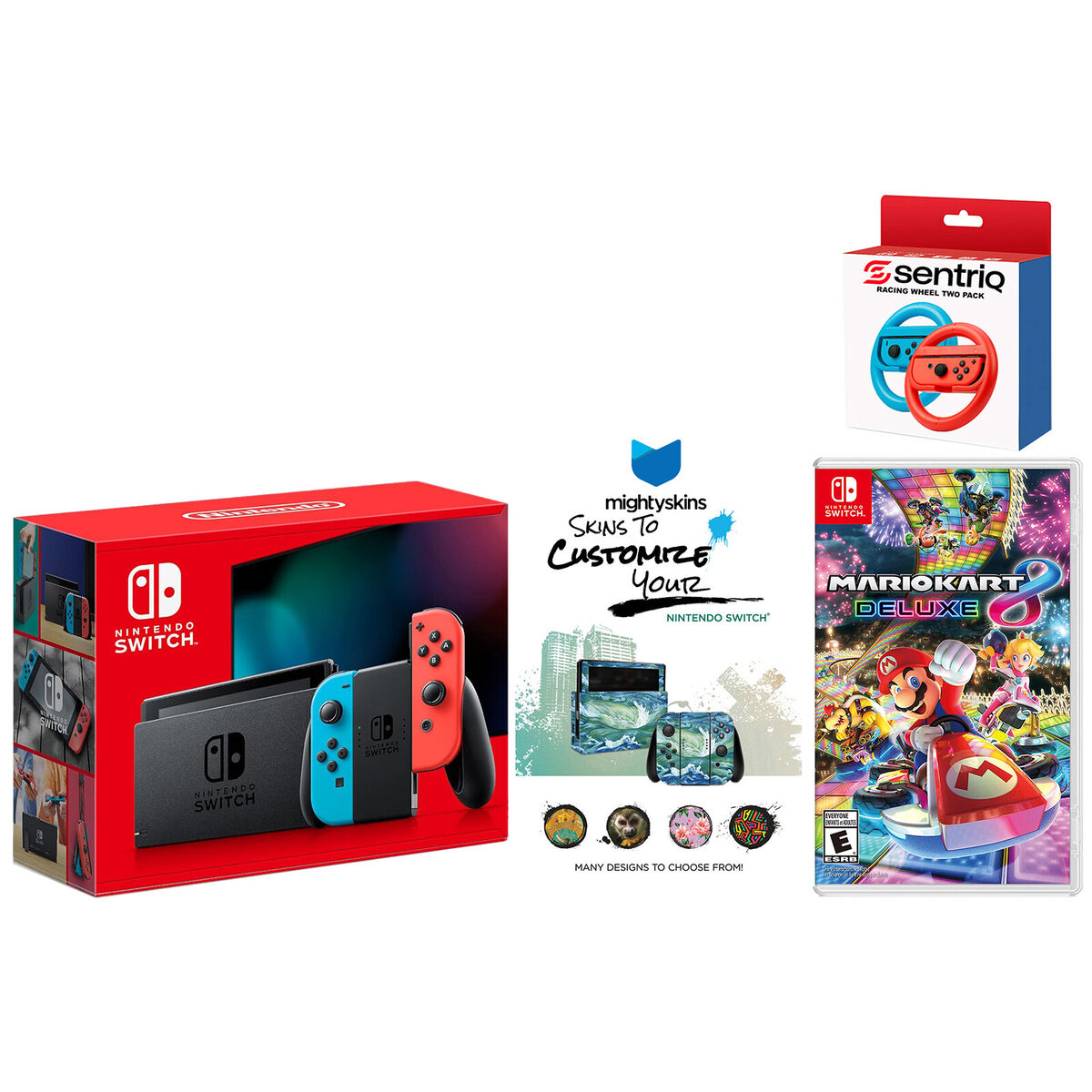 Nintendo Switch with Mario Kart 8, Racing Wheels and Nintendo Switch with Mario Kart 8, Racing Wheels and