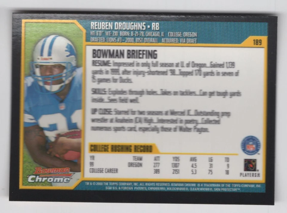 2000 BOWMAN CHROME ROOKIE Reuben Droughns Rookie Detroit Lions #189 - Image 2 of 2