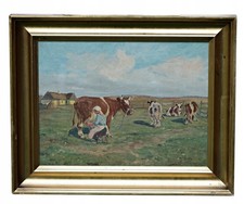 Escena rural Axel Hansen con vacas ordeñando pintura al óleo, firmada, enmarcada