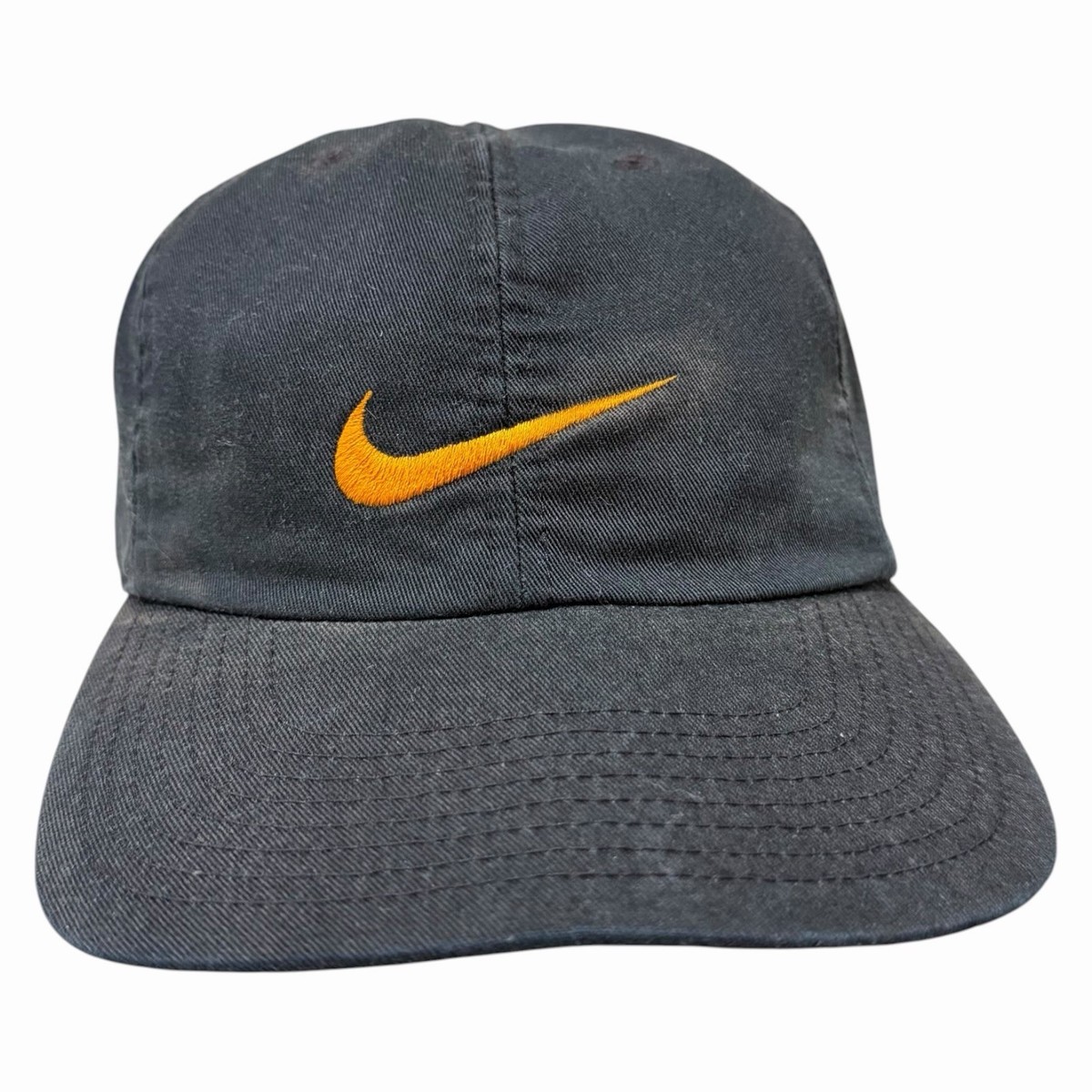 Vintage Nike Swoosh Faded Black Strap back Hat Orange Logo 90s Cap