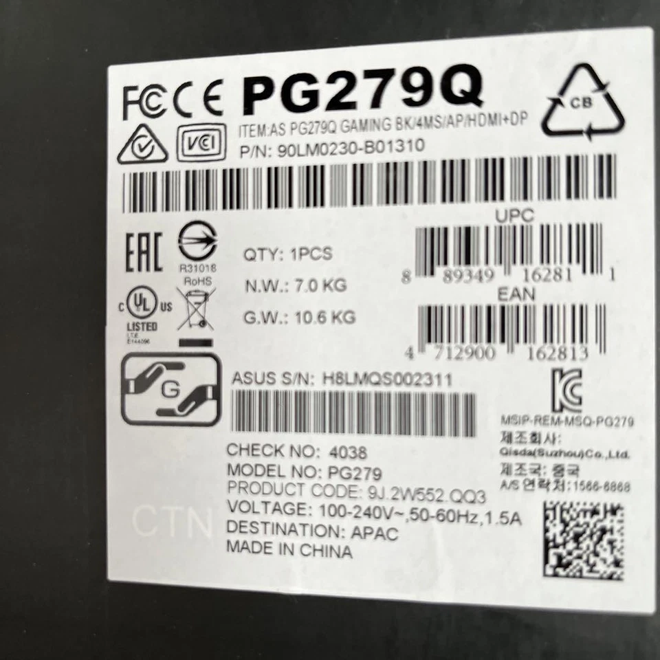 ASUS ROG SWIFT PG279Q Gaming Monitor 27 Inch WQHD 165Hz Used Tested - Image 2 of 4