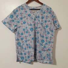 SB Scrubs Floral Print Mock Wrap Scrub Top Size Large Nursing Medical