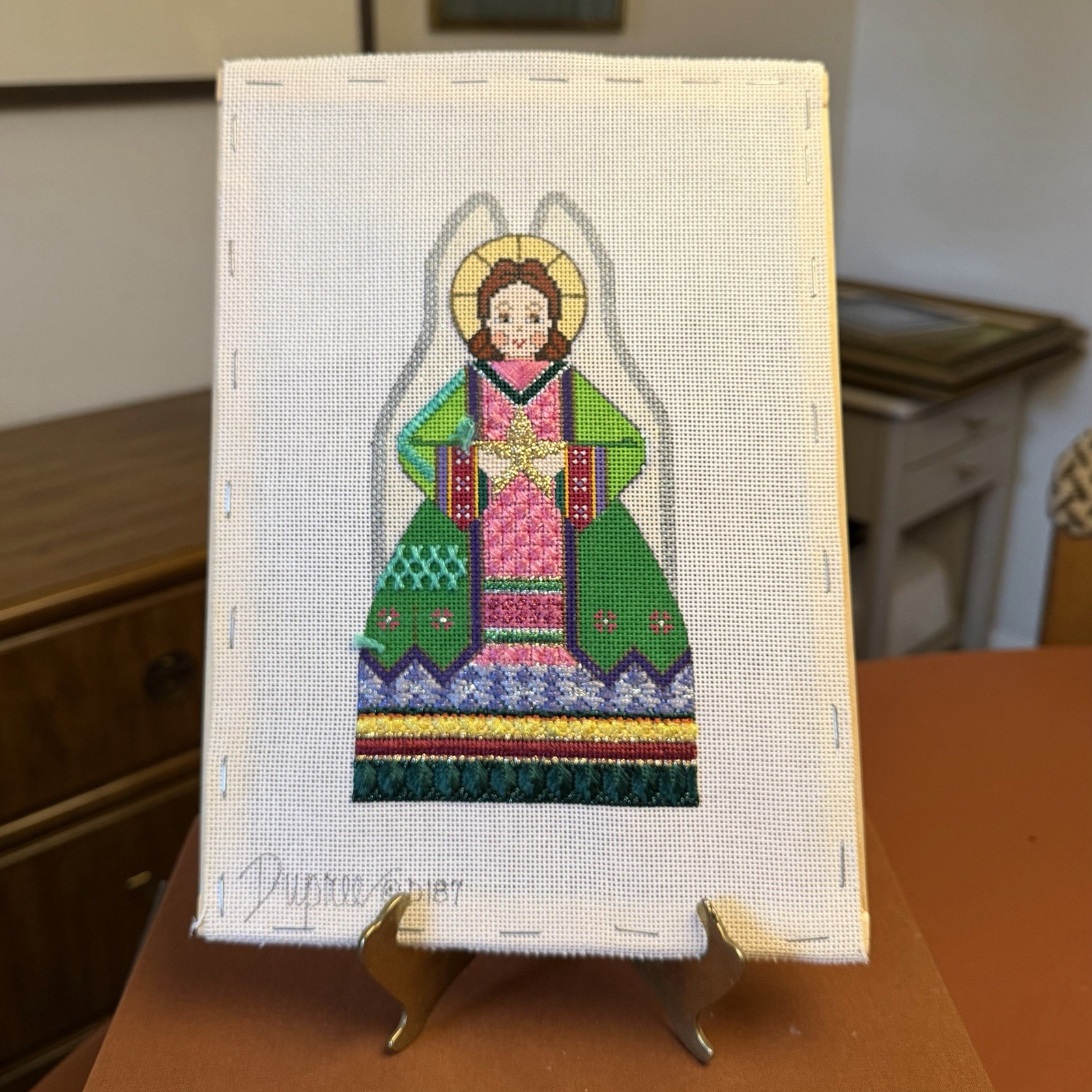 Carol Dupree Hand Painted Needlepoint Angel Canvas 18 Mesh Started WIP