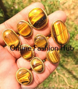 Authentic Tiger Eye Gemstone  Ring Lot 18K Gold Plated Handmade Wholesale Jewelry