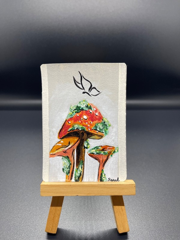 aceo art card original signed 2.5x3.5 acrylic on paper mushrooms