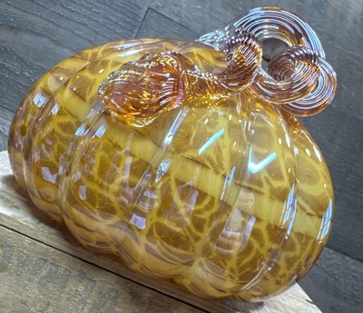 Vintage Art Glass Orange Gold Brown Curly Stem Pumpkin 7 x6  Fall Decor Autumn