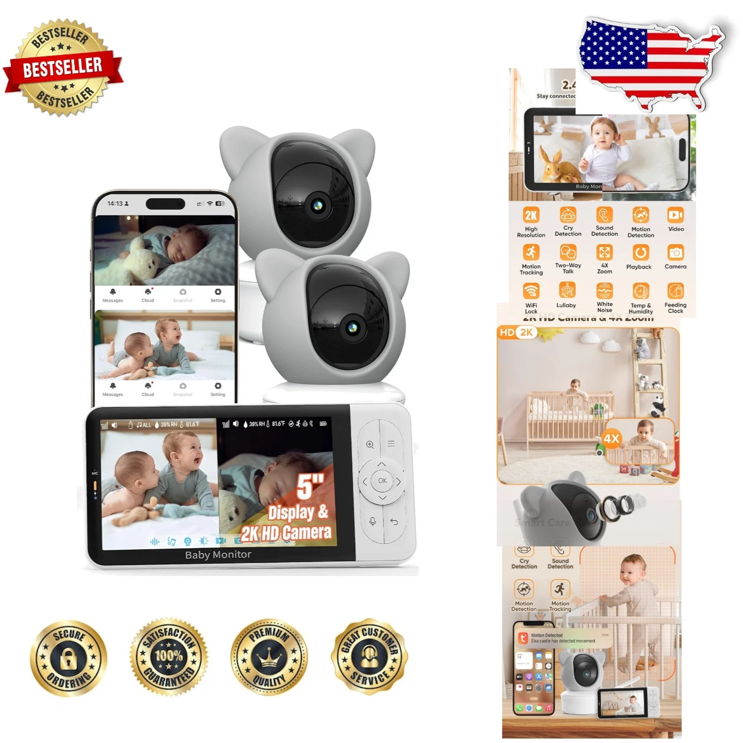 Secure WiFi Baby Monitor 2K Camera 5" HD Display App Control Night Vision