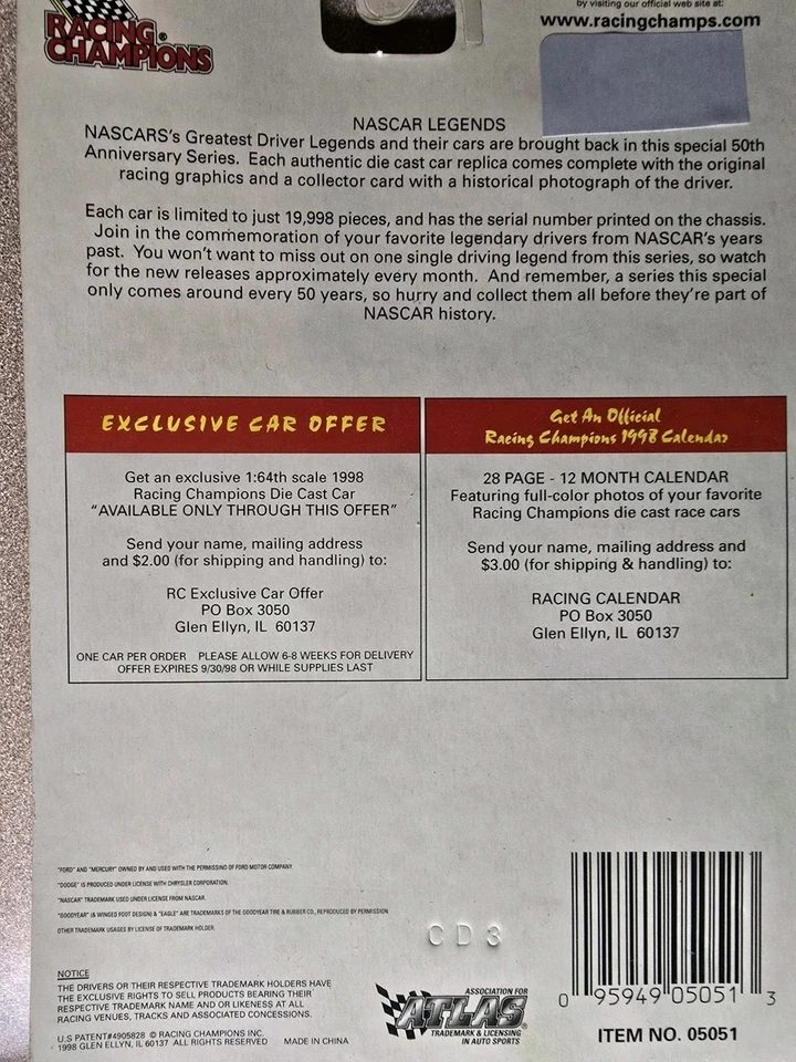 Campeones de carreras NASCAR LEGENDS CHAMPIONS 1969 MERCURY CYCLONE 64 ELMO LANGLEY Foto 2 de 2