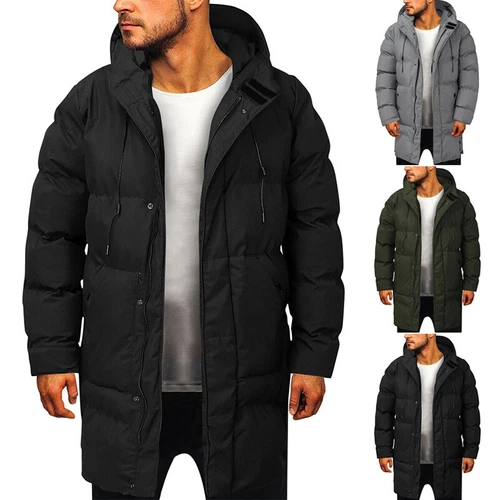 Herren langer gefütterter Mantel Kapuze dicke Luftpolsterjacke gesteppt wattiert - Bild 15 von 39