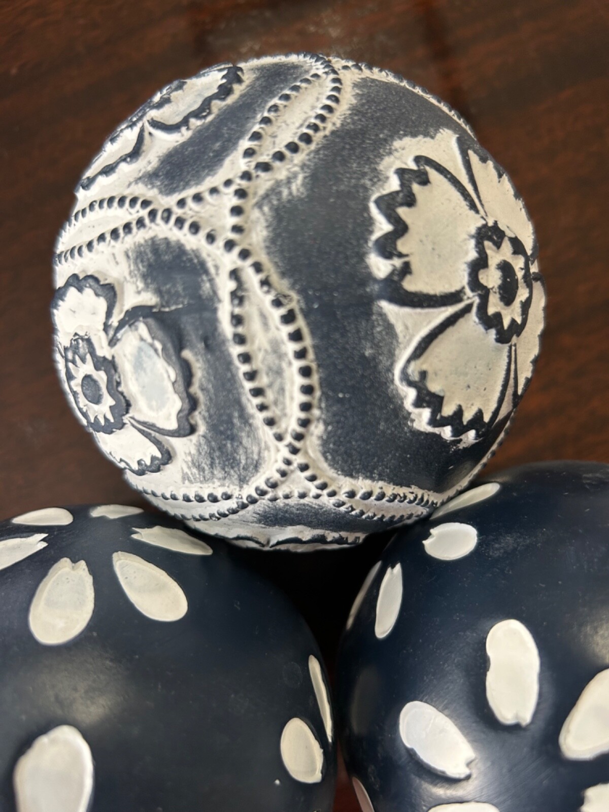 Vintage Decorative Ceramic Ball Sphere Blue and White 3 Inch Floral Print Flower