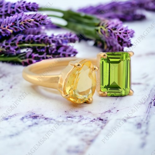 925 Sterling Silver 8x6 mm Emerald Cut Natural Peridot Ring Citrine Adjustable - Picture 2 of 4
