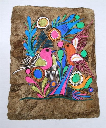 VINTAGE FANTASY COLORFUL FLORAL BIRD MEXICO AZTEC STYLE PAINTING HANDMADE PAPER - Picture 3 of 6