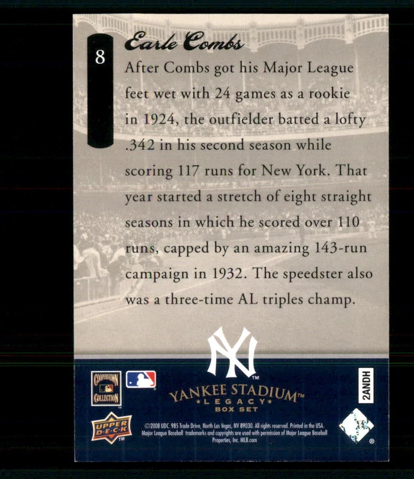 2008 Upper Deck Yankee Stadium Legacy Final Season Box Set - Earle Combs #8 - Image 2 of 2