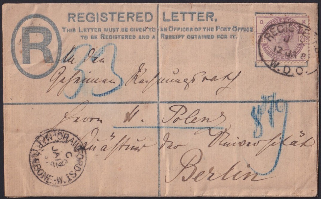 F-EX40235 ENGLAND UK GREAT BRITAIN 188? STATIONERY REGISTERED TO