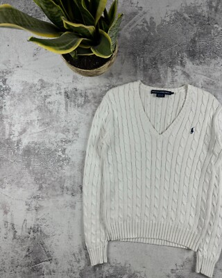 【極美品】RALPH LAUREN SPORT ホワイト Vネックセーター Vintage Polo Ralph Lauren Sport Women Cable Knited White Sweater