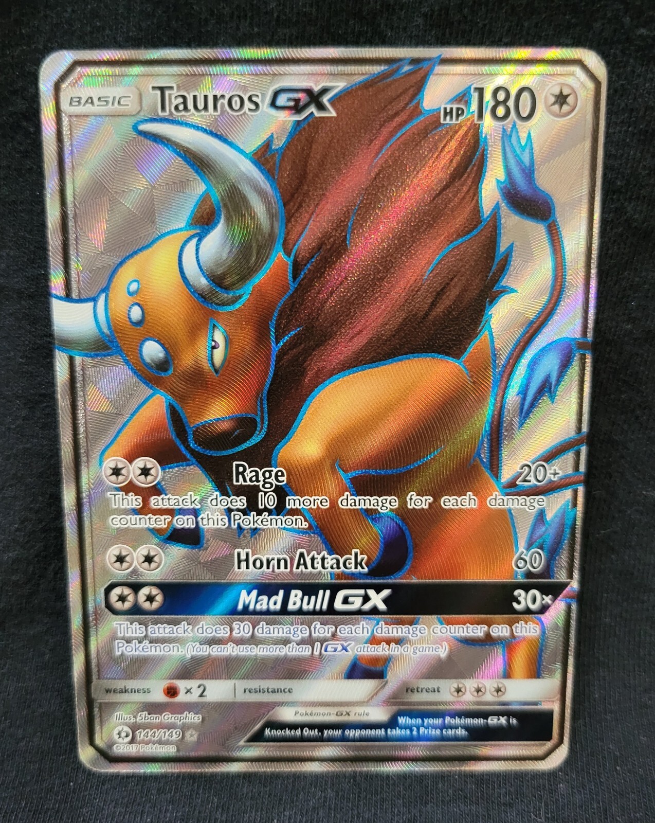 TAUROS GX 144/149 Sun & Moon Base Set Ultra Rare Full Art Holo Pokemon Card NM