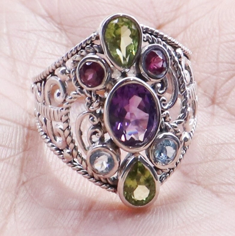 925 Sterling Silver Multi Gemstone Ring Size 5 Women Jewelry Multi