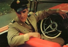 Elvis Presley in Army Uniform Arm on Steering Wheel of Convertible Postcard