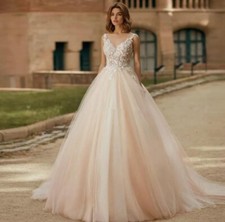 Elegant Champagne Lace Tulle Wedding Dresses V Neck Bridal Gowns Corset Back
