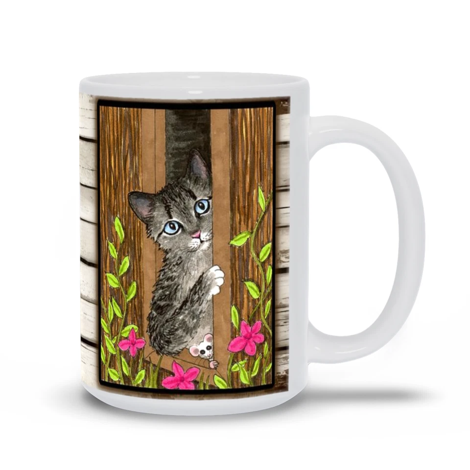 Taza de café 11 oz o 15 oz gato 527 madera granero ratón divertido arte pintura L.Dumas Foto 3 de 4