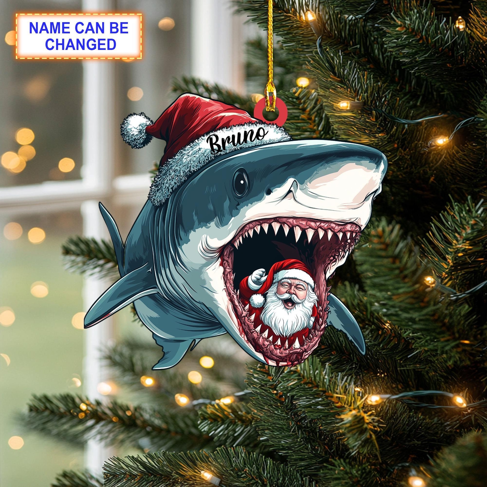 Custom Name Shark and Santa Claus Personalized Ornament  Christmas Tree Hanging