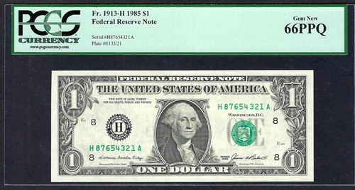 🇺🇸 1985 $1 FULL DESCENDING S/N ♚♚ 87654321 ♚♚ PCGS GEM NEW 66 PPQ AMAZING!