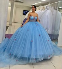 Blue Quinceanera Dresses 3D Florals Off Shoulder Ball Gown Lace Up Birthday 