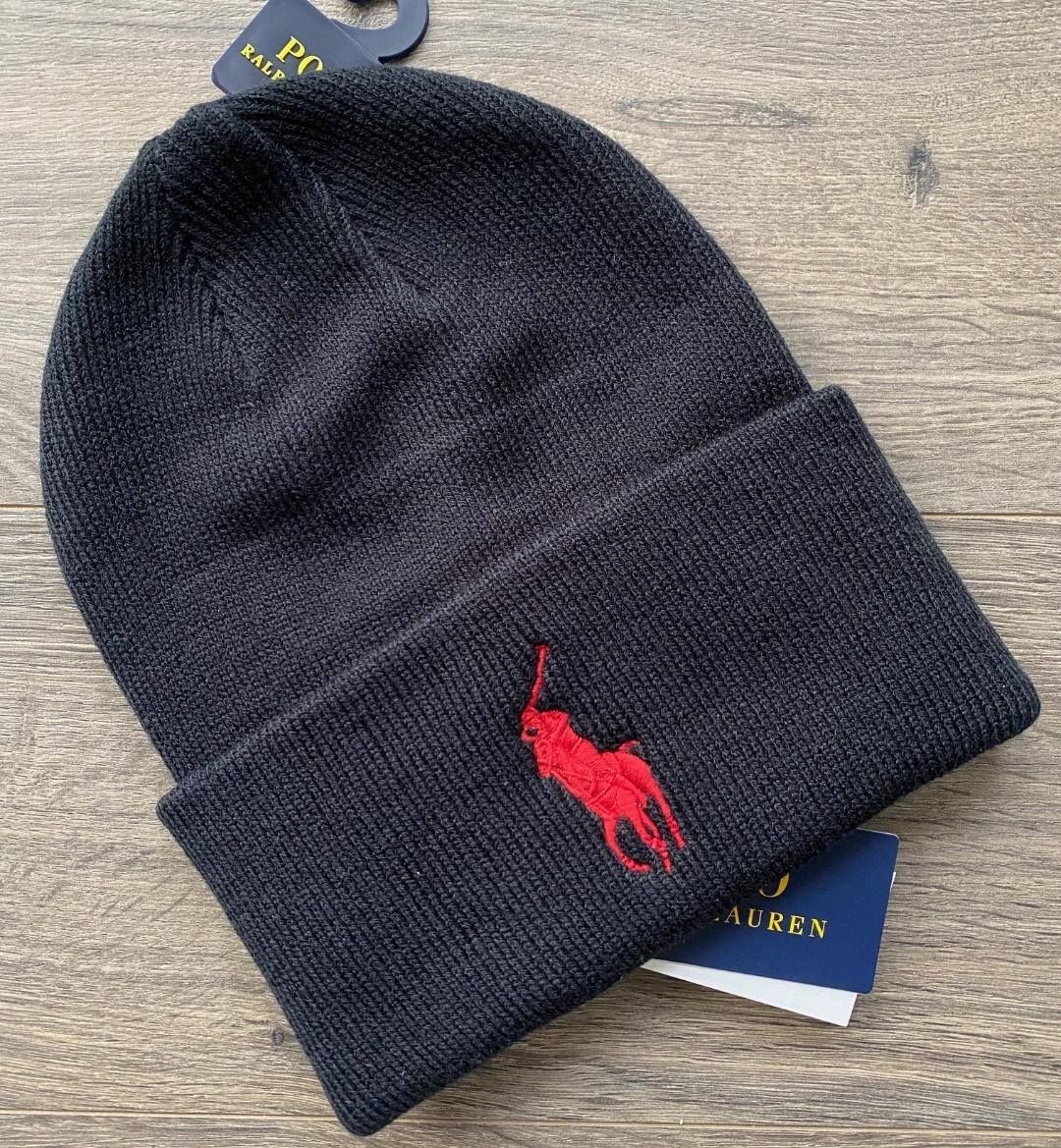 Polo Ralph Lauren Cappello Beanie Uomo Nero Grande Pony Nuovo