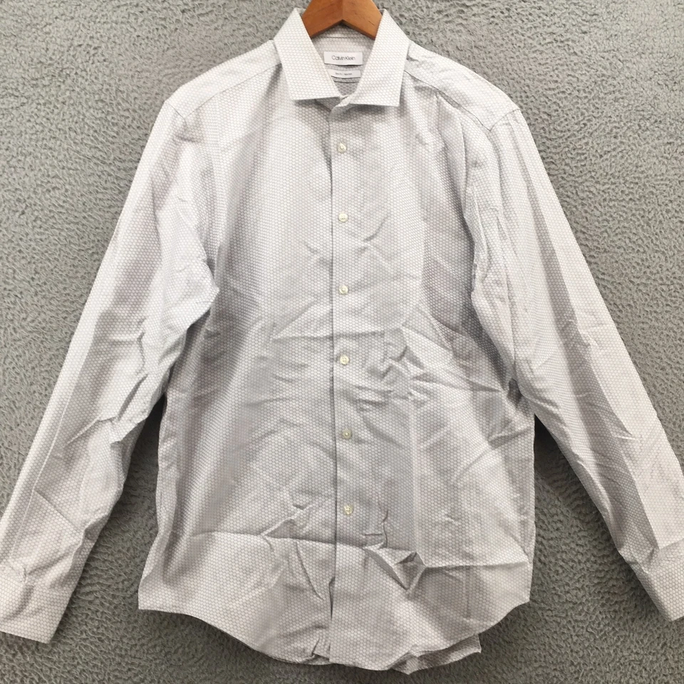 Calvin Klein Dress Shirt Mens L Silver White Cotton Slim Fit Non Iron Button Up - Image 2 of 4