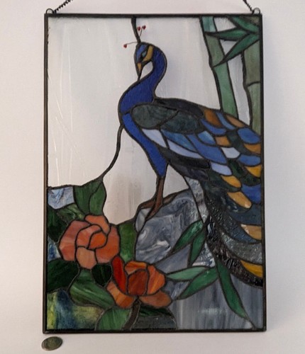Gorgeous 16" X 11" Vtg Tiffany Style Stained Glass Peacock Sun Catcher Excellent - Picture 6 of 11