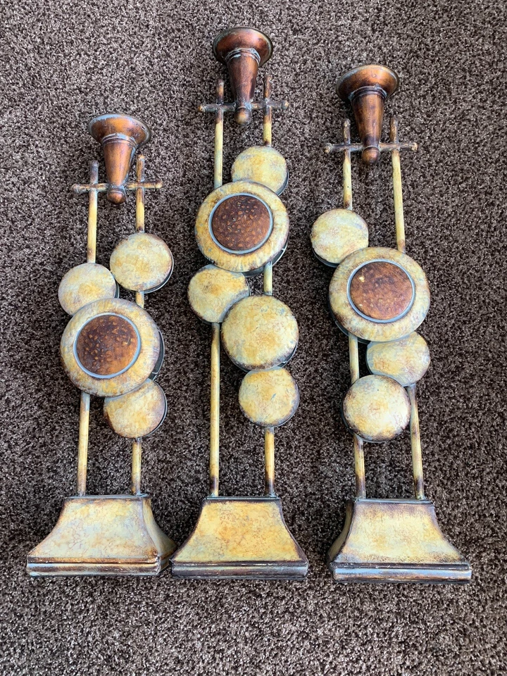 Antiqued Candlestick Holders - Set Of 3 - Rustic Brown Tones- Metal, Unique Set - Image 2 of 4