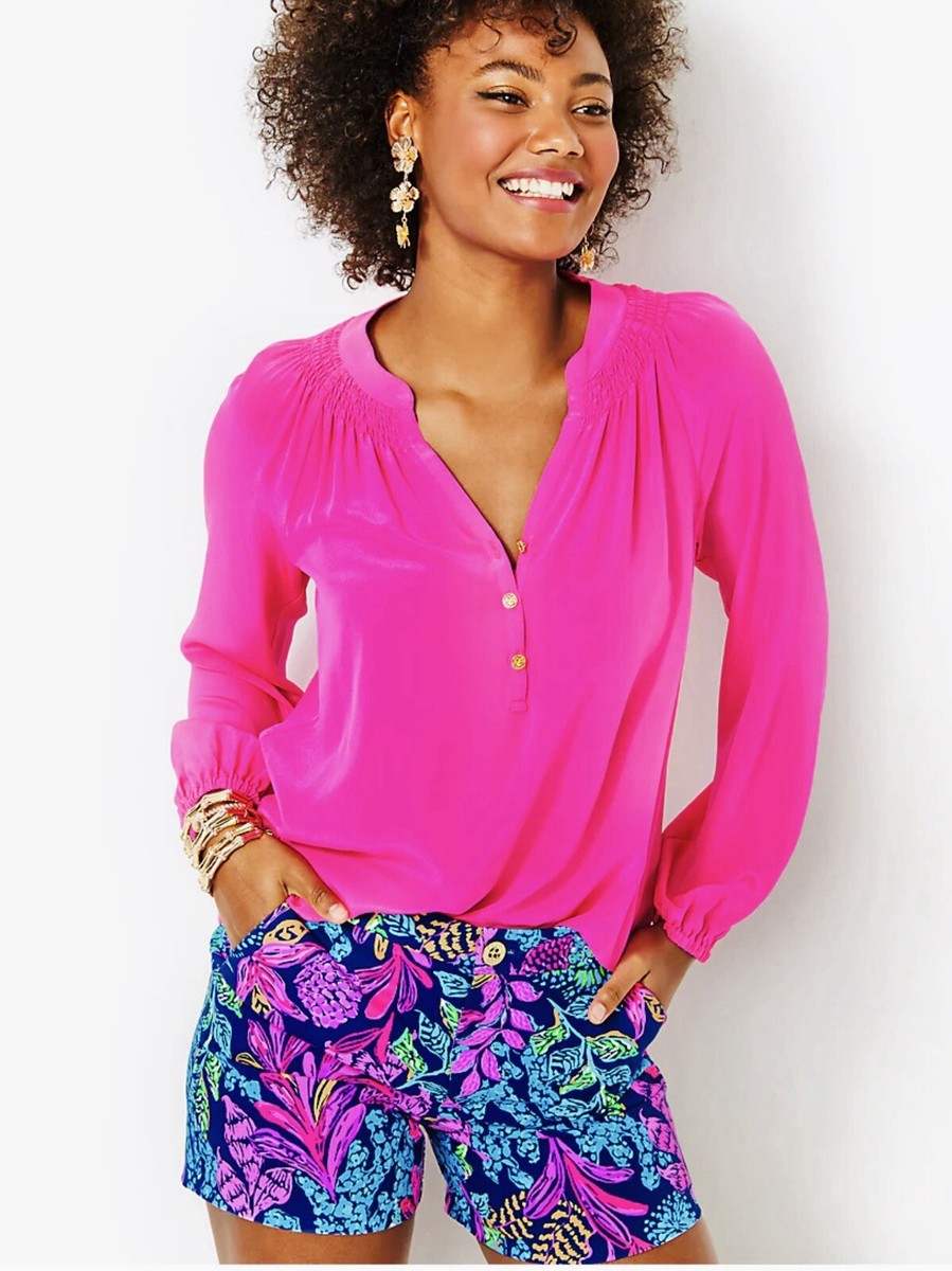 Lilly Pulitzer NWT Elsa Silk Top Pink Palms $178 Size L,XL