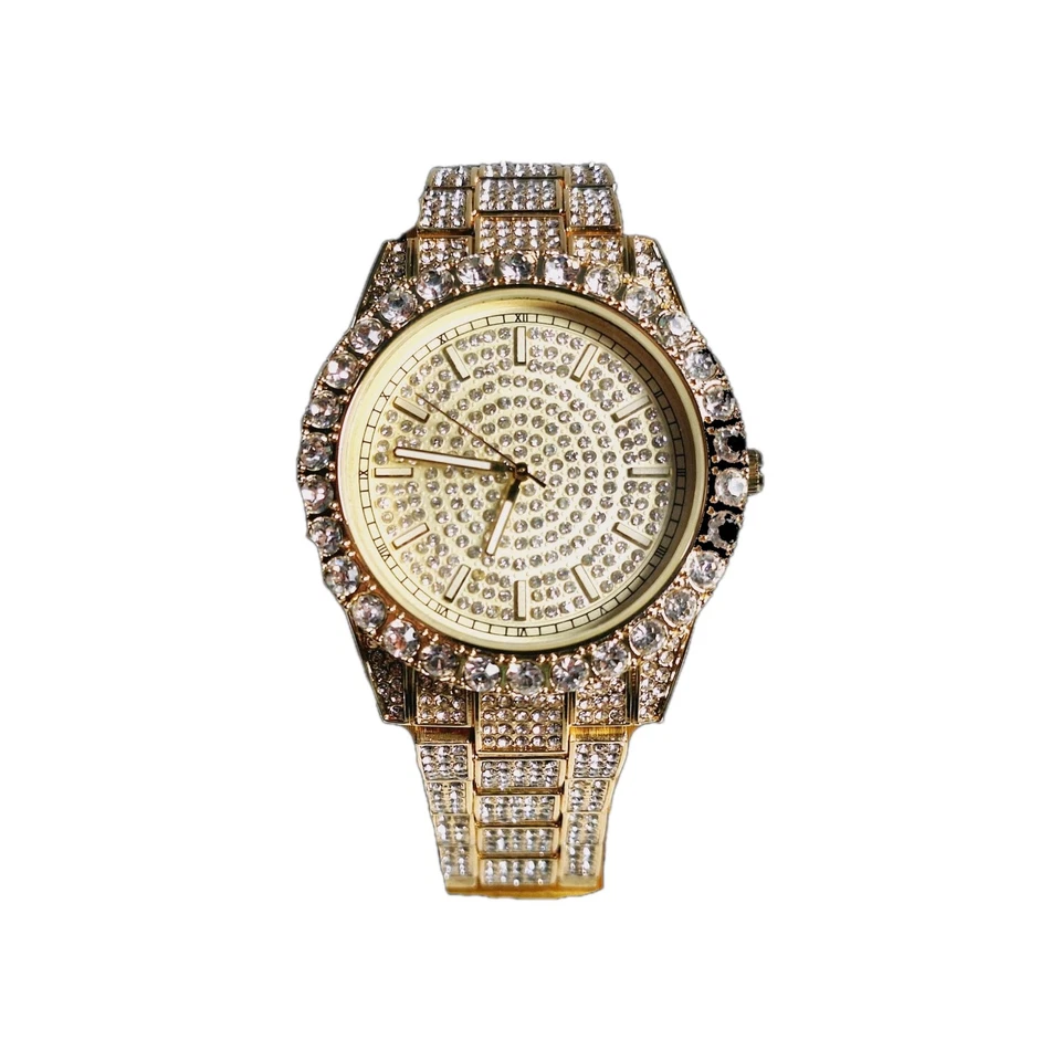 Techno Pave Gold Tone 42mm & Gold Face Band Studded Faux Diamond Mens Watch - Image 2 of 4