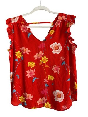LOFT Women's Orange Red Lily Bar Back Shell Floral Flutter Sleeve Blouse Size M