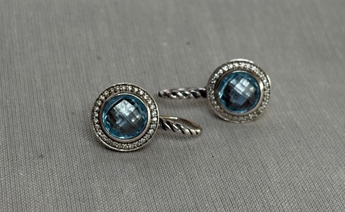 David Yurman  round Blue Topaz surrounded by diamonds, Cerise drop earrings - Picture 13 of 16