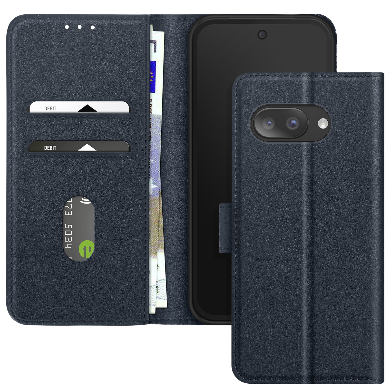 Coque pour Pixel 9a Avizar étui portefeuille simili cuir bleu nuit rabat support vidéo