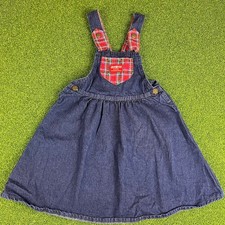 Vintage Y2K OshKosh B Gosh Denim Jumper Overall Dress Red Plaid Toddler Sz 6x