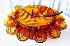 Vintage Indiana Glass Royal Drape Colony Amber Punch Bowl Set 10 Cups & Ladle