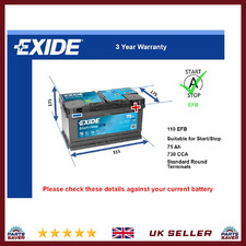 EFB Battery fits FORD FOCUS 2004 on Stop Start Exide 110 EFB 730A 75Ah Quality