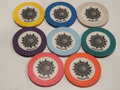 SUNCOAST Casino ROULETTE Chips - GRAY SUN - LAS VEGAS - **Set of 8** VNTG & OBS