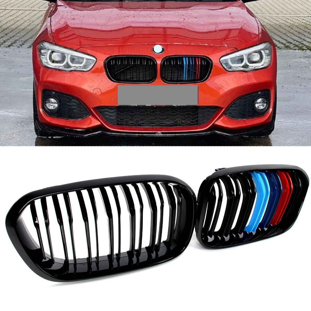 Pair For BMW 1-Series F20 F21 2015-19 LCI M-Colour Front Kidney Grille Dual Slat