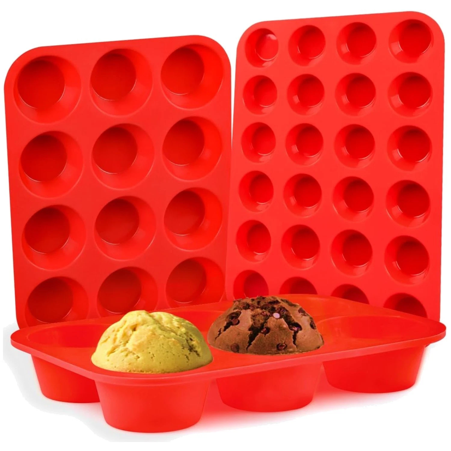 Red Silicone Cupcake Pan Set - Mini, Regular & Jumbo Sizes