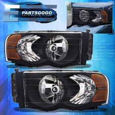 For 02-05 Dodge Ram 1500 2500 3500 Black Amber Headlights Headlamps Left + Right