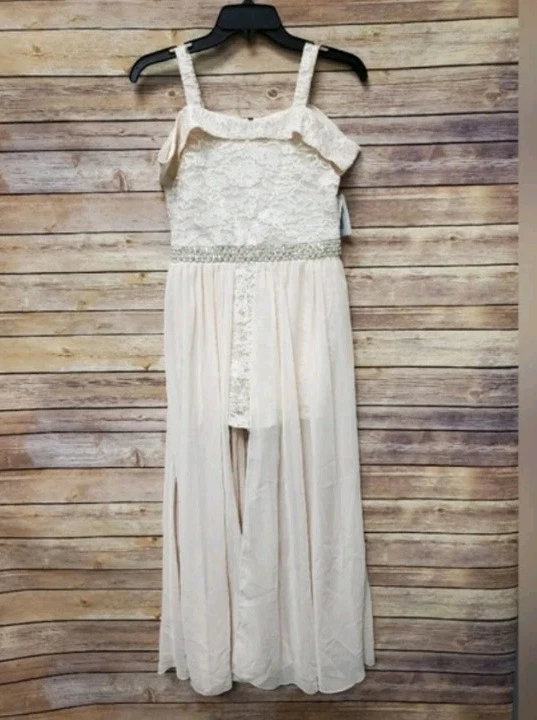Speechless Girl Size 16 Blush Lace Pearl Rhinestone Romper Dress w/ Long Skirt