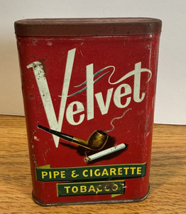 Vintage Velvet Pipe & Cigarette Tobacco Metal Tin Can With Hinged Lid