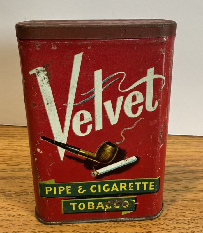 Vintage Velvet Pipe & Cigarette Tobacco Metal Tin Can With Hinged Lid