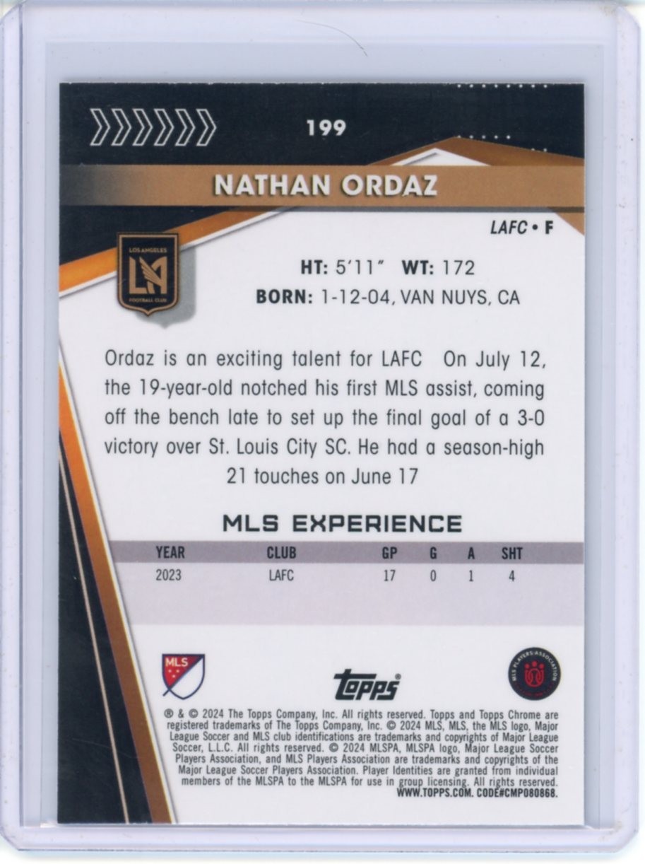 2024 TOPPS CHROME MLS SOCCER SAPPHIRE ROOKIE BASE NATHAN ORDAZ #199 view 2