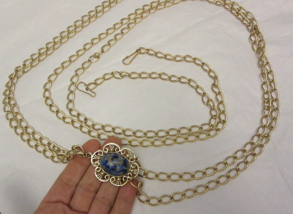 Vintage Gold Tone Chain Belt w/ Scarab Gem 50 Inches Long Adjustable - Image 2 of 4