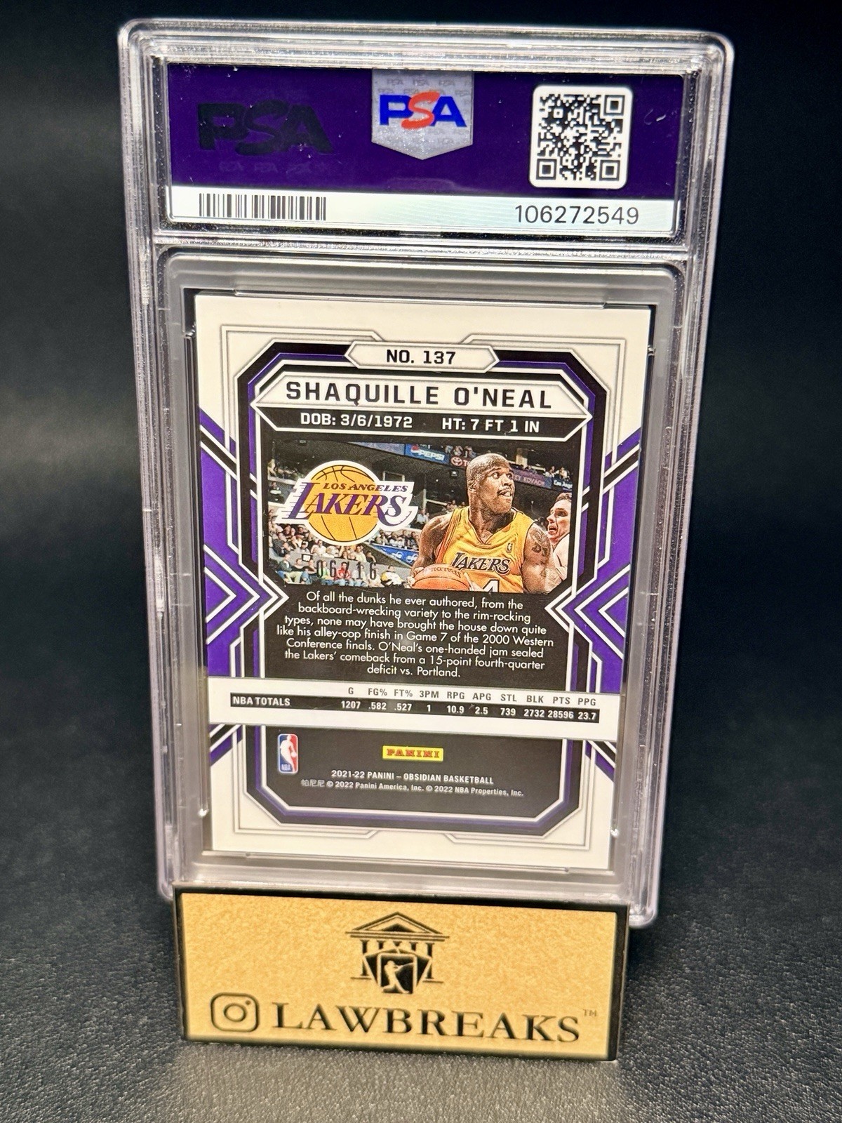2021 PANINI OBSIDIAN ELECTRIC ETCH BLUE /16 - SHAQUILLE O'NEAL - PSA 9 view 2
