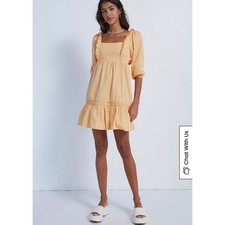 H2 Minkpink Piper Mini Dress Apricot Orange Ruffle Puff Sleeve Open Back S NEW